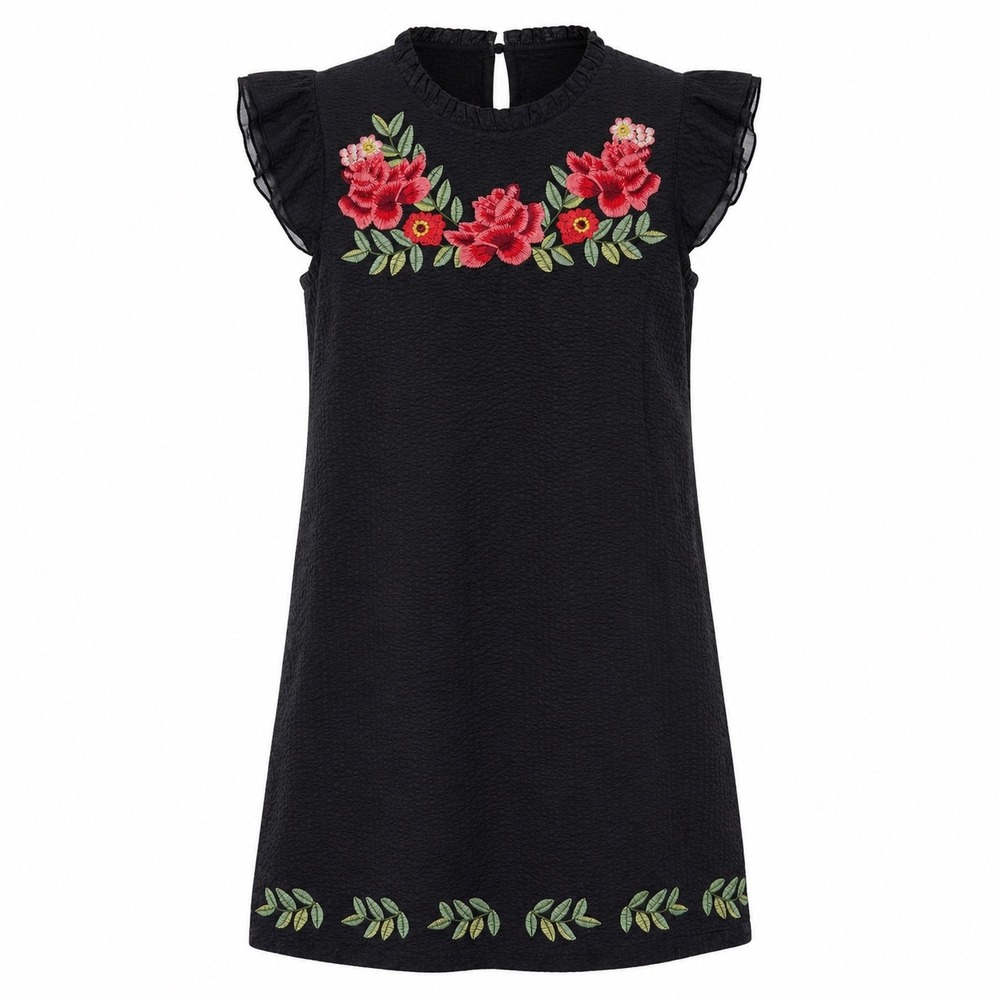 THML Anthro Black Embroidered Floral Shift Dress Ruffle small Garden whimsigoth‎